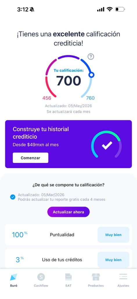 Captura de la app Zenfi mostrando calificación crediticia